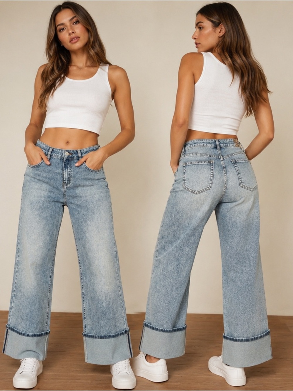 Boutique High Rise Wide Leg Cuffed Jeans Women’s Size 6 Light Wash